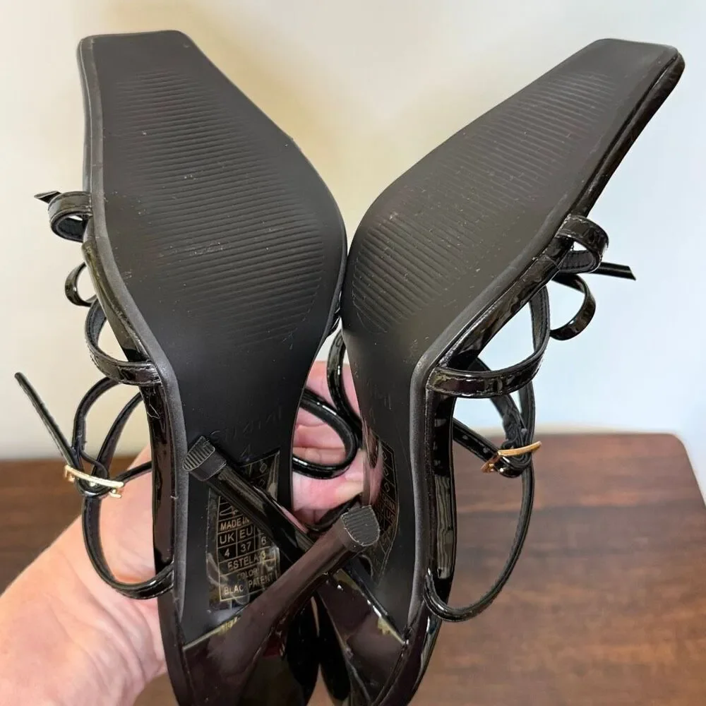 Simmi London Estela 3 black patent leather bow ankle wrap gold buckle size 6 4.5